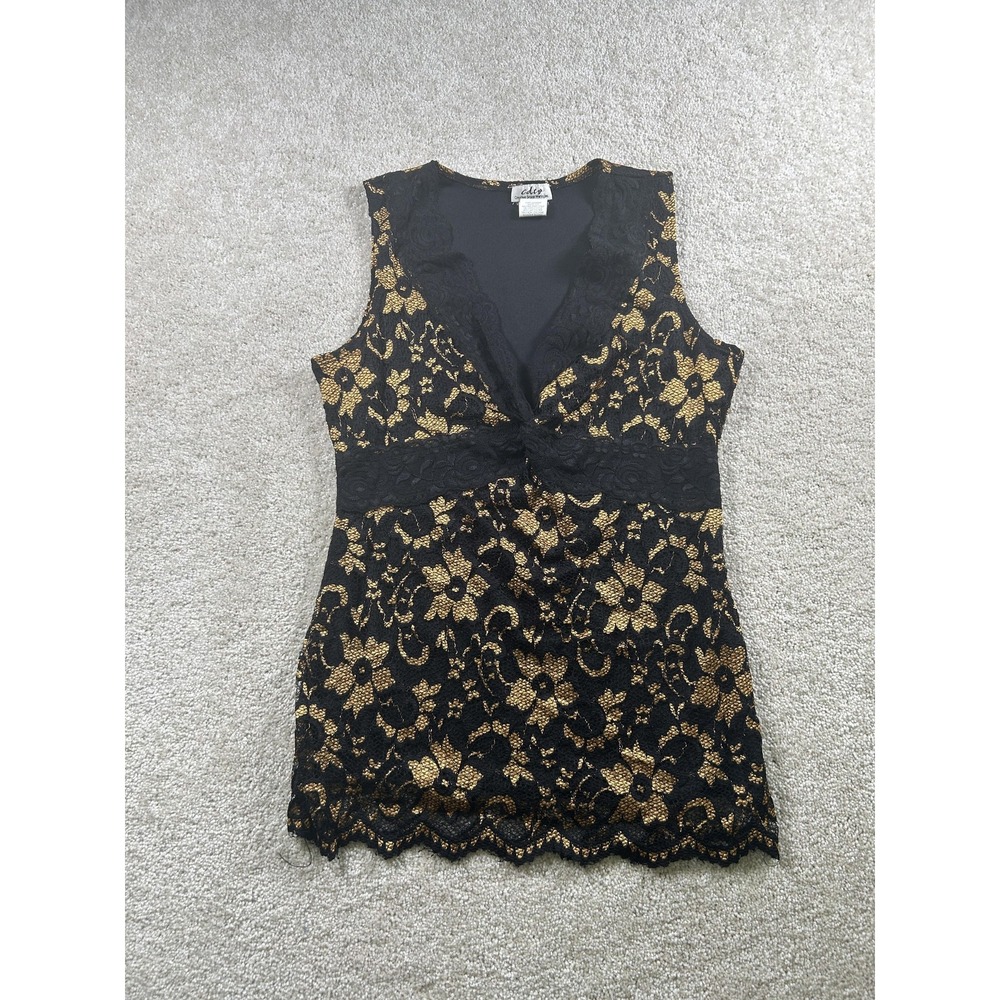 CDW Top Womens‎ Small Black Gold Floral Lace Sleeveless V Neck Evening Tank